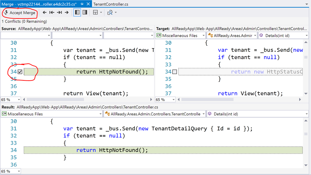 Three way merge tool in Visual Studio