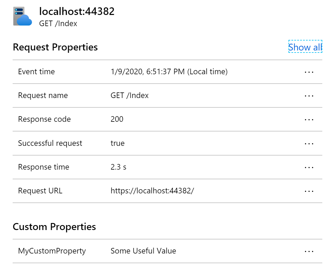 Sample Request Telemetry with Custom Properties
